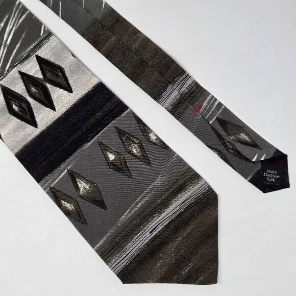 CONTE DI MILANO MADE IN ITALY SILK TIE GRAY OLIVE DIAMOND WATERCOLOR 4" X 58" - Picture 1 of 2